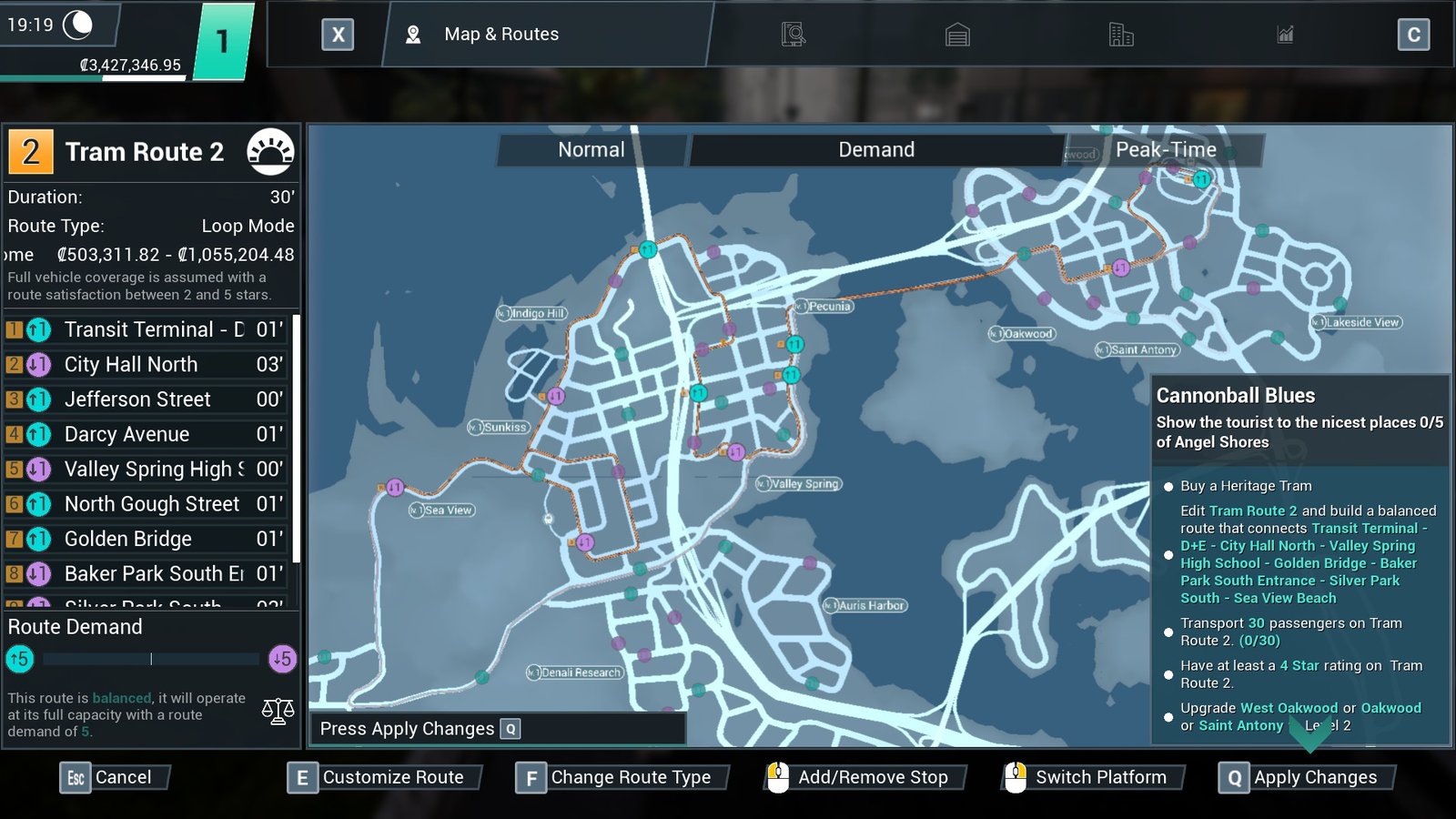 City map view showing tram routes