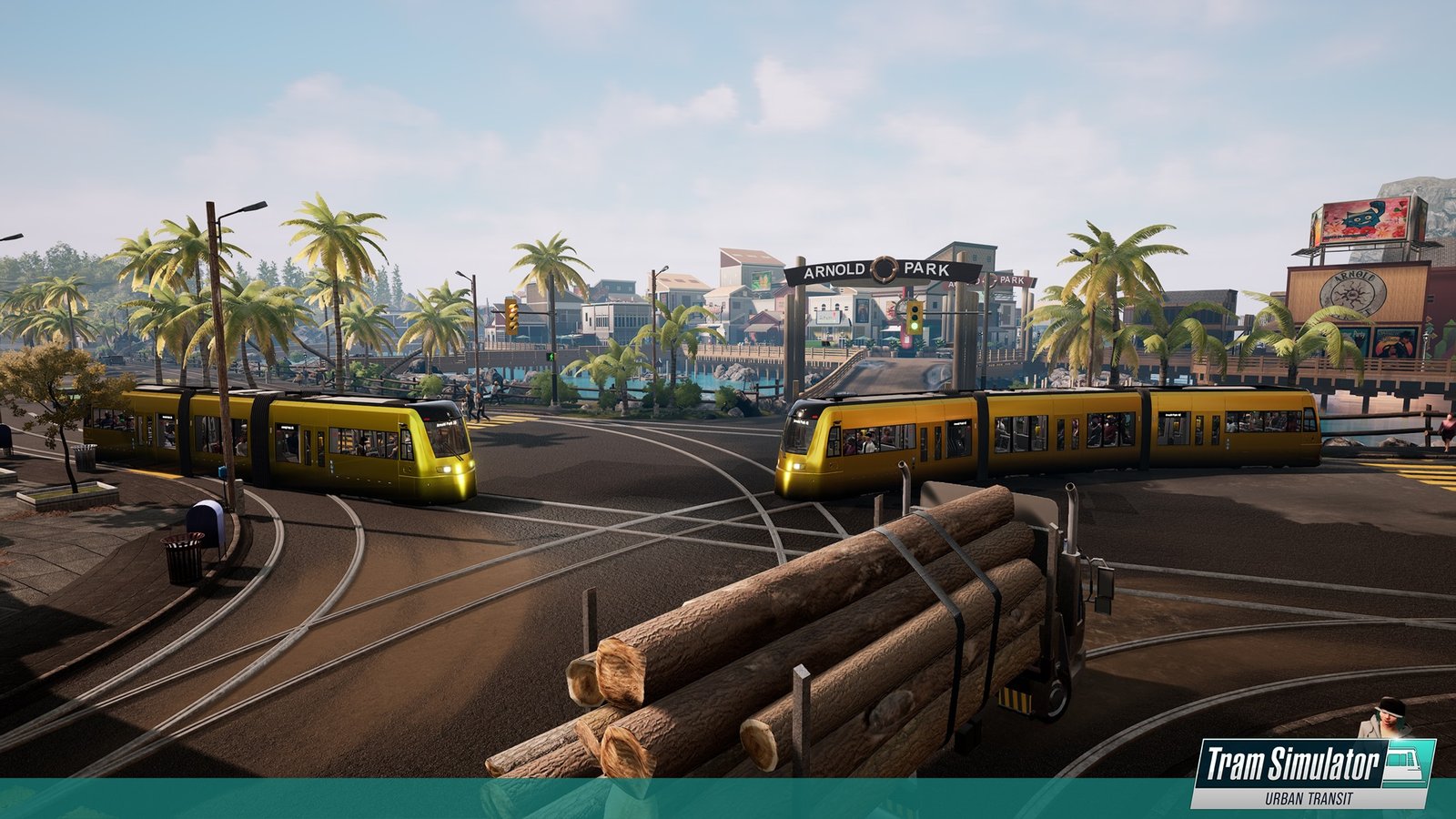 Multiple trams and a truck carrying wood crossing an intersection