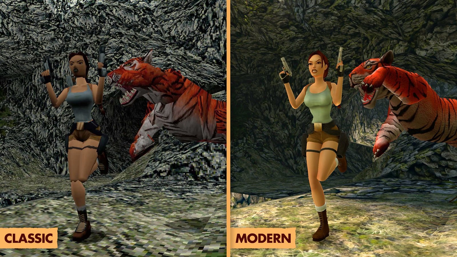 Tiger attacking Laura inside a cave and visual comparison between modern and classic game