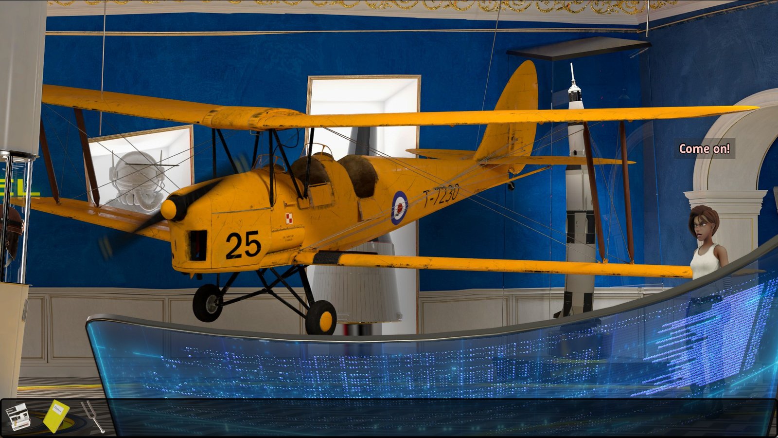 Yellow plane hanging on the roof