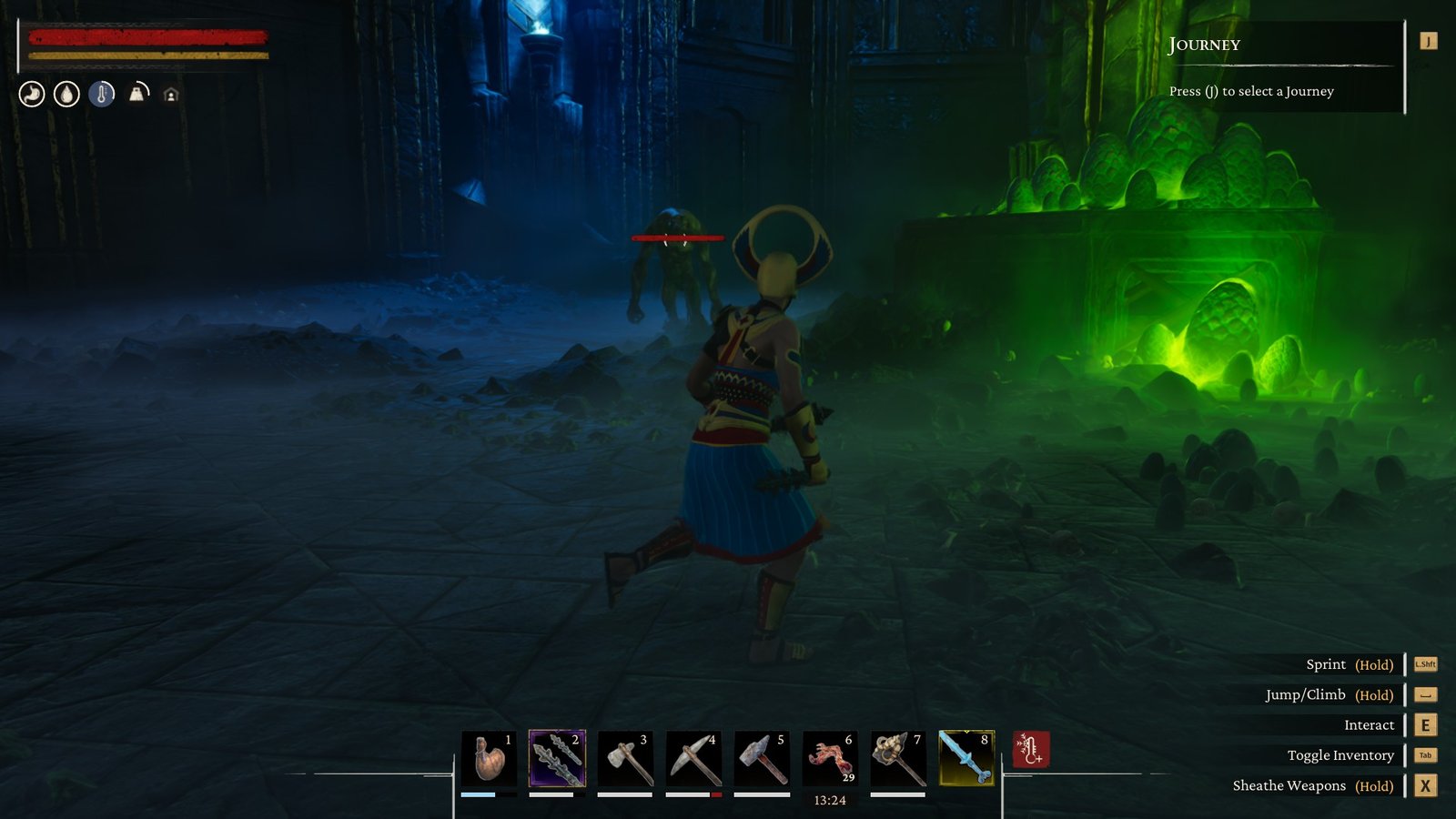 Warrior about to fight an enemy with glowing green toxic gas