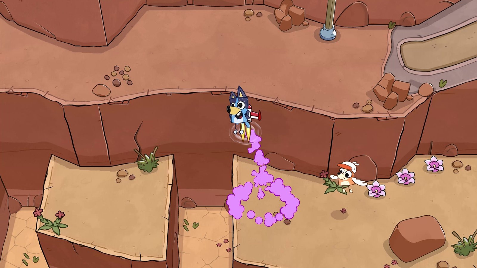 Bluey flying in a desert using a jetpack with Bingoos following him