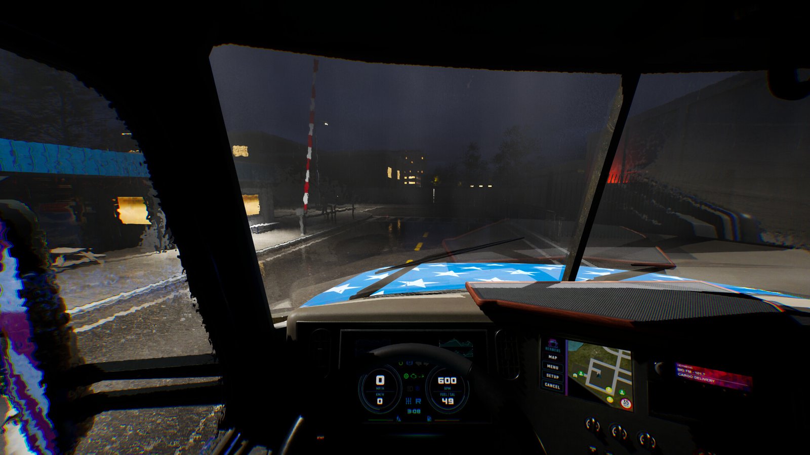 Interior of a truck driving in rain